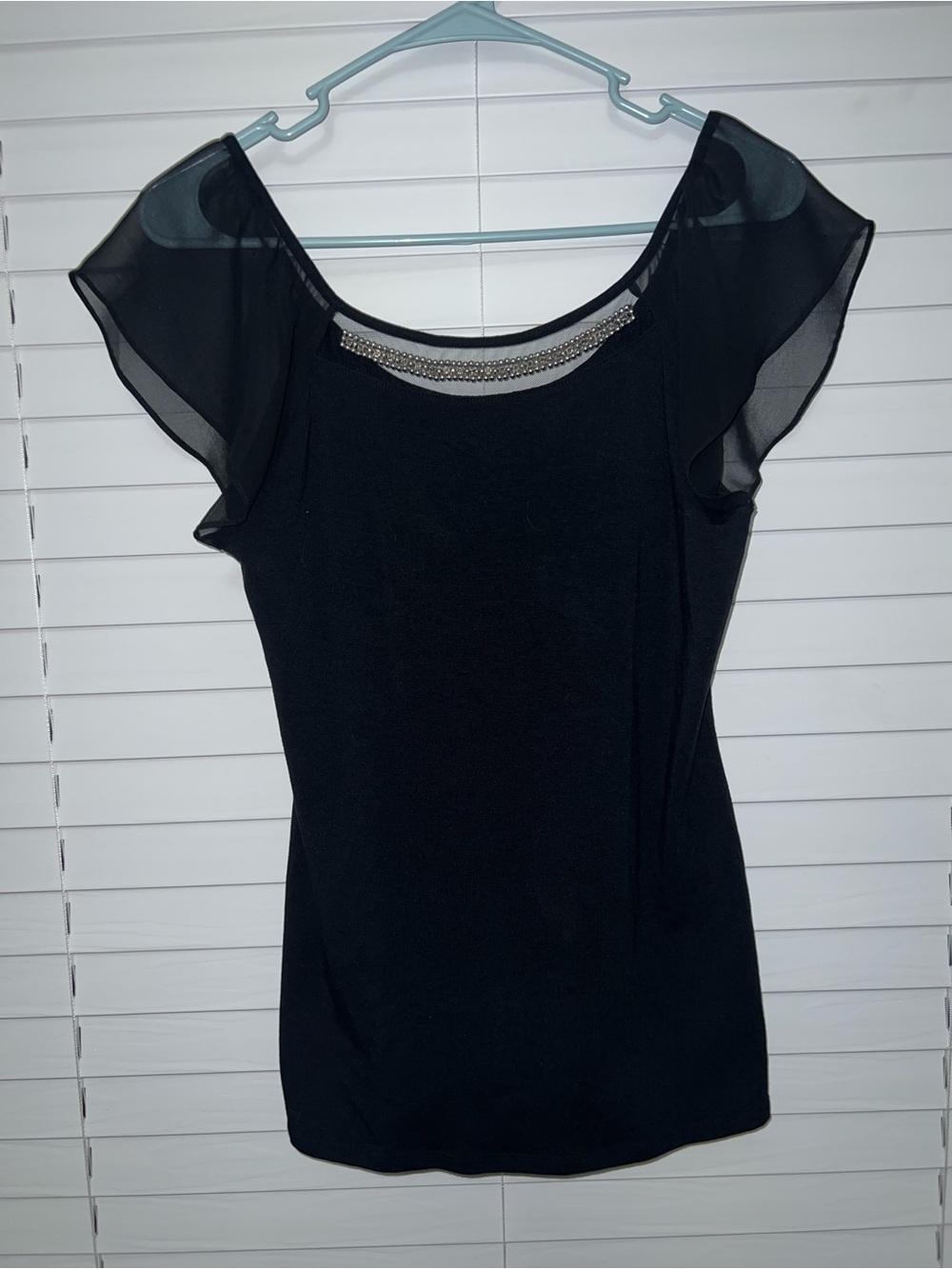 Express Black Women's Sheer Sleeve Top with Embellished Neckline